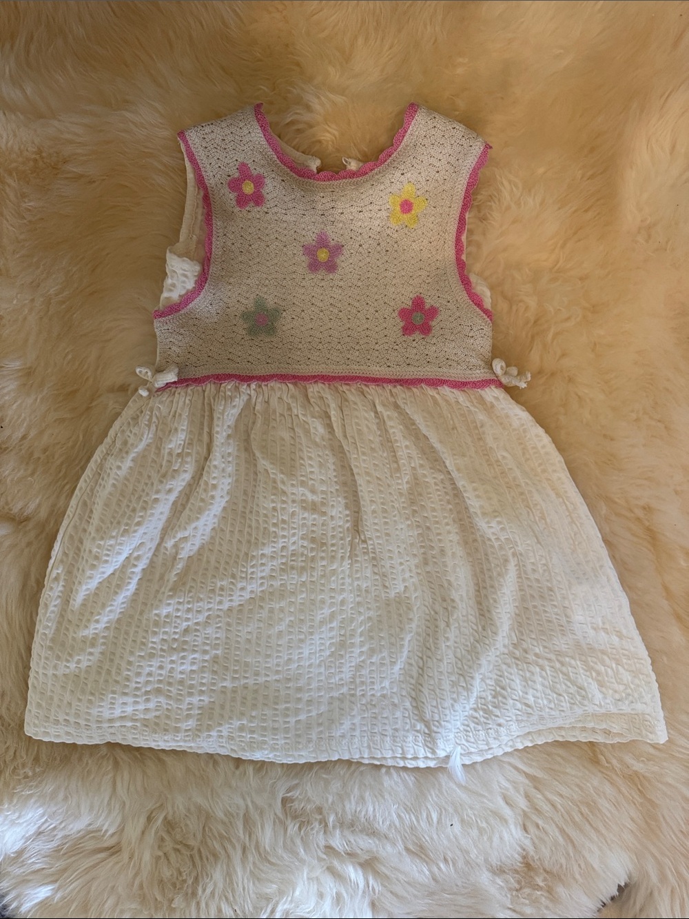 Zara White Dress with Pink Trim and Multicolor Flower Appliqués